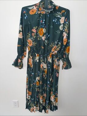 Indie & Co Green Floral Dress Pleated High Neck Women's Size Large